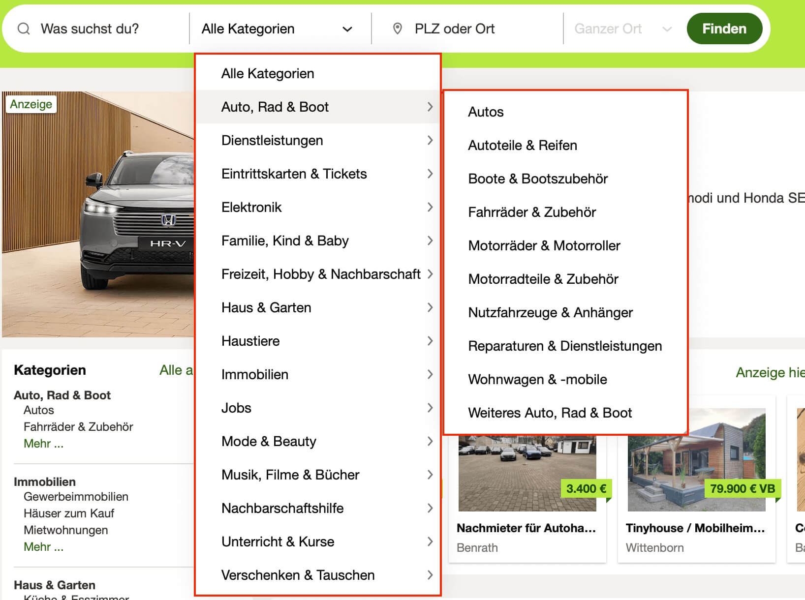 Screenshot der Website von Kleinanzeigen Bild: Screenshot der Website von Kleinanzeigen