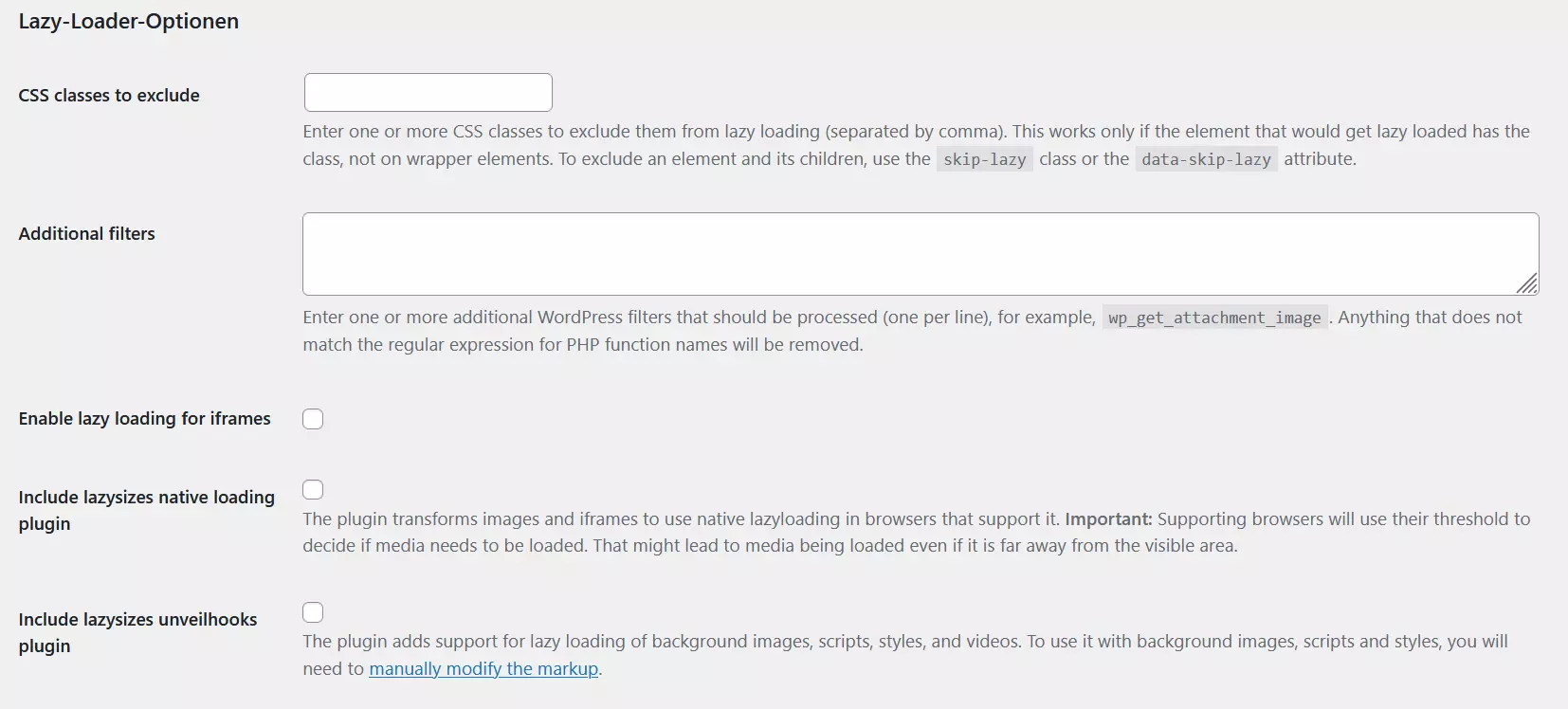 Bild: Optionen von Lazy Loader in den Medieneinstellungen von WordPress