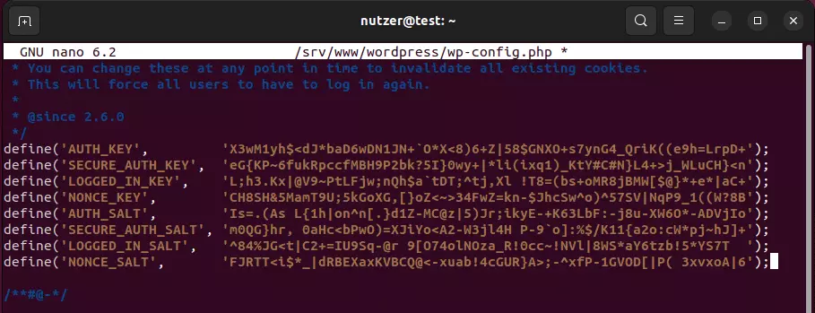 Konfigurationsdatei wp-config.php mit neuen Key-Einträgen Bild: Konfigurationsdatei wp-config.php mit neuen Key-Einträgen
