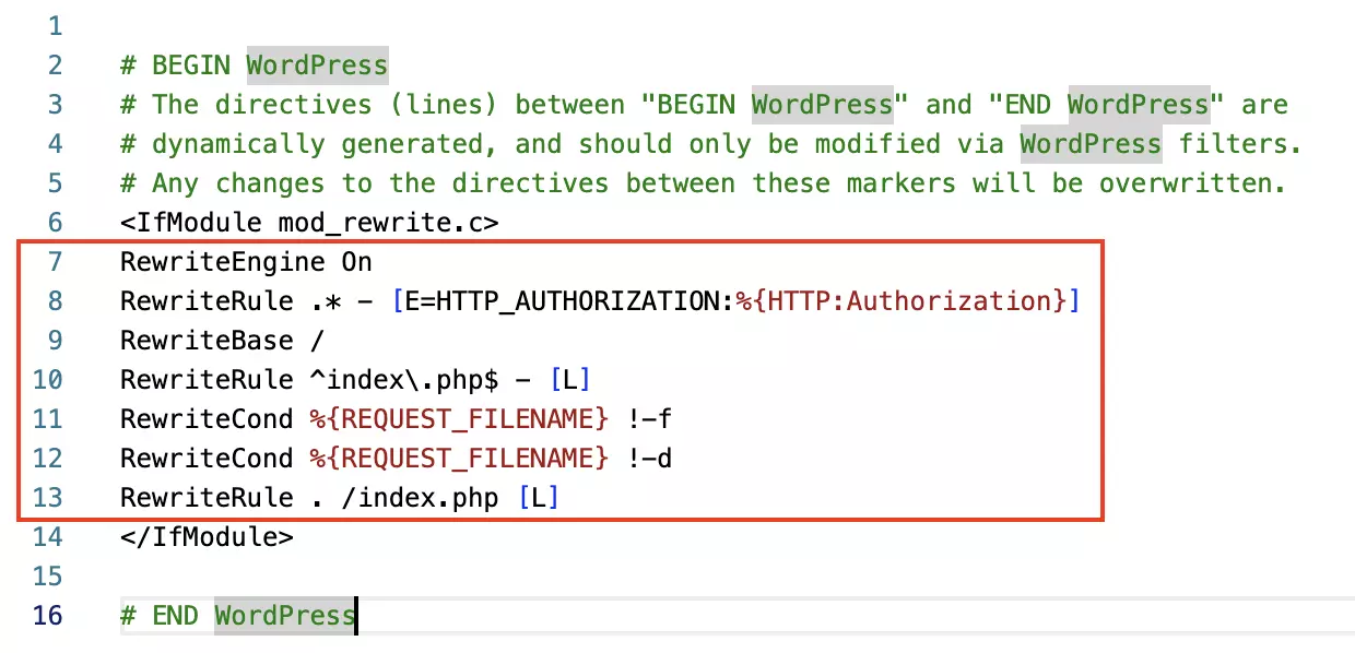 Bestehende .htaccess-Datei, hervorgehoben der zu ersetzende Code Bild: Bestehende .htaccess-Datei, hervorgehoben der zu ersetzende Code