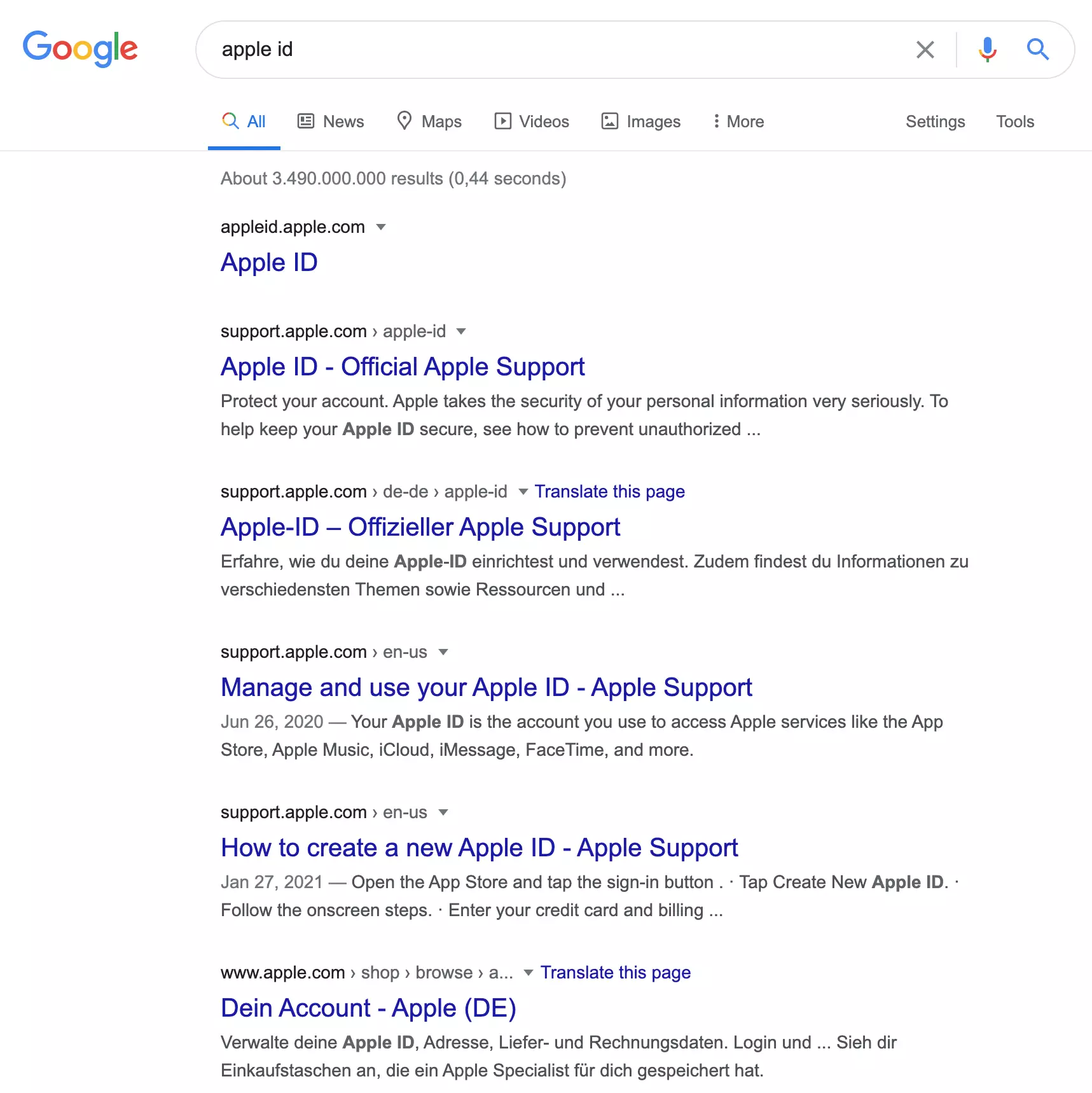 SERP der Google-Suche ′apple id′ Bild: SERP der Google-Suche ′apple id′