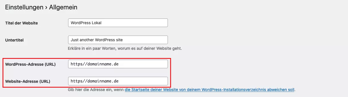 Bild: Allgemeine Einstellungen im Admin-Bereich von WordPress