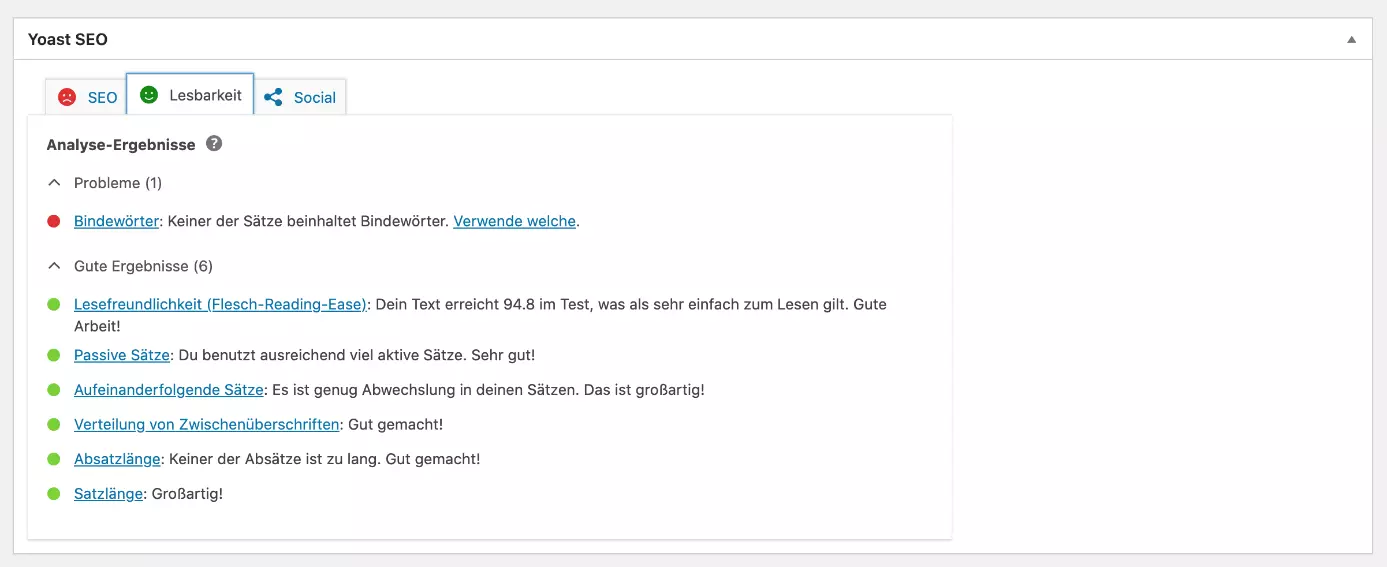 Bild: Lesbarkeits-Analyse des WordPress SEO Plugins Yoast SEO