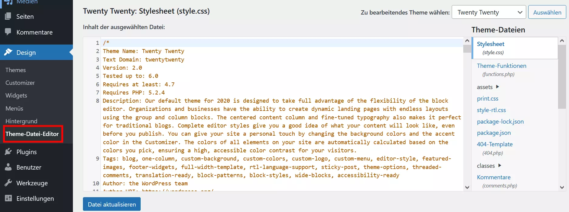 Bild: Screenshot des Theme Editors im Dashboard von WordPress